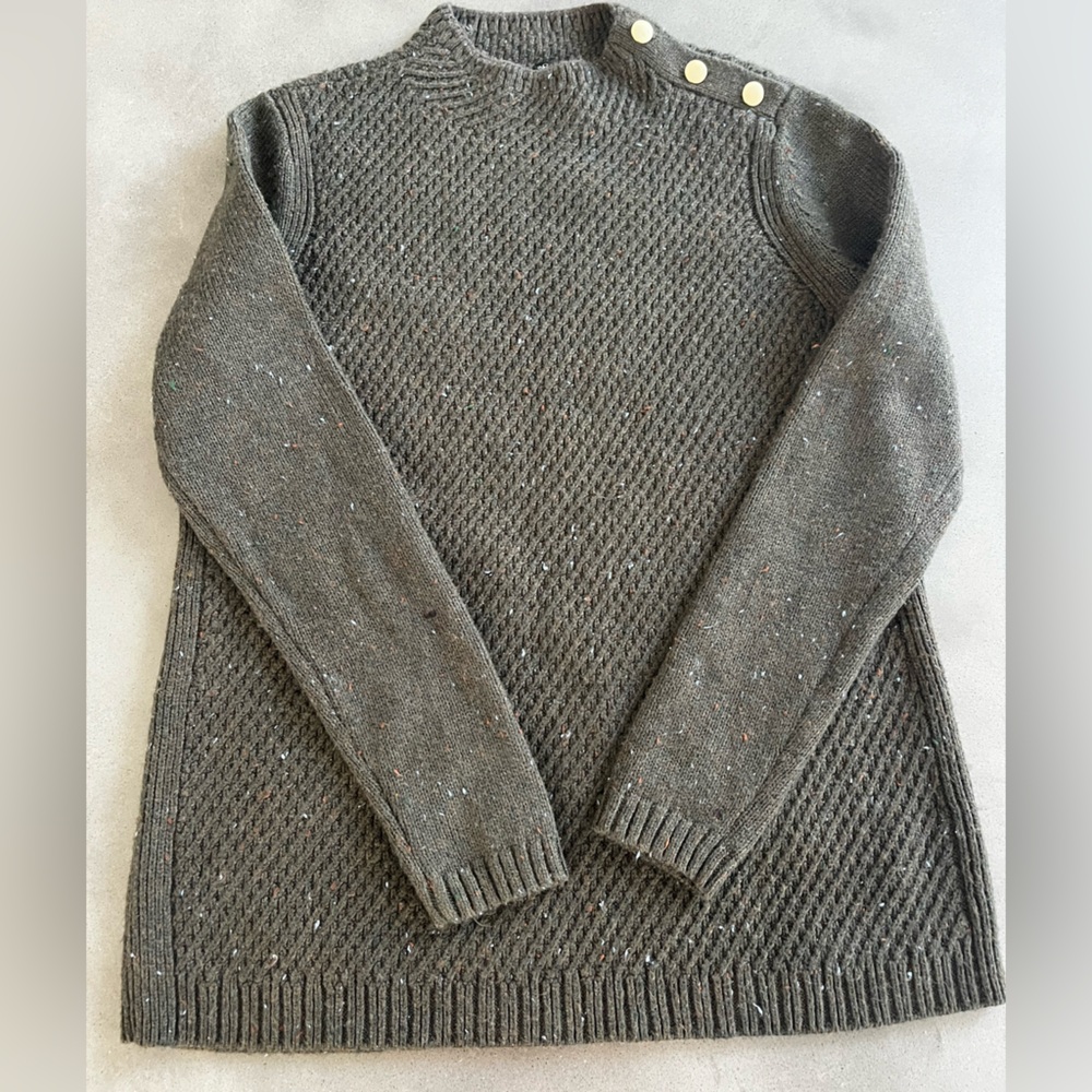 Talbots Mock Neck Sweater Women Small Olive Green Speckled Gold Button EUC